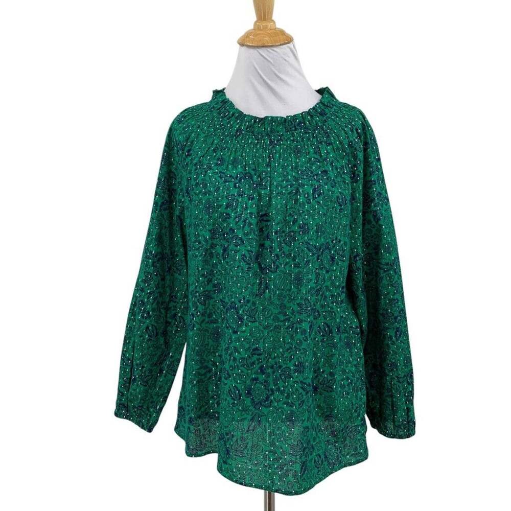 Talbots Blouse Womens M Medium Jungle Marine Metallic Smocked Sketched Floral